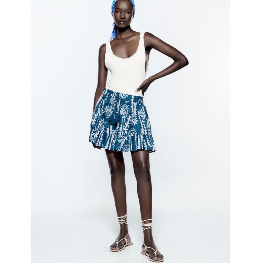Zara Cotton Voile Lightweight Blue & White Print Mini Skirt Size US XS - Picture 9 of 9